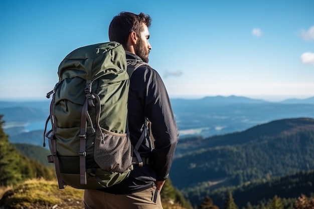 緑のバックパックを背負った男性が山の上に立って山々を眺めています。