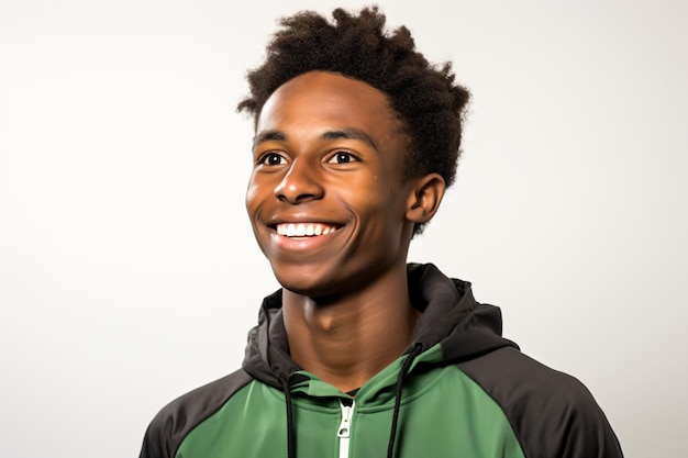 a man with a green and black jacket smiling