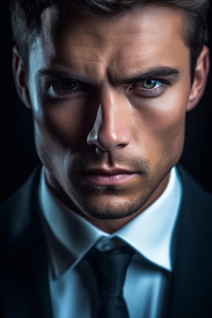 A man with green eyes and a black suit