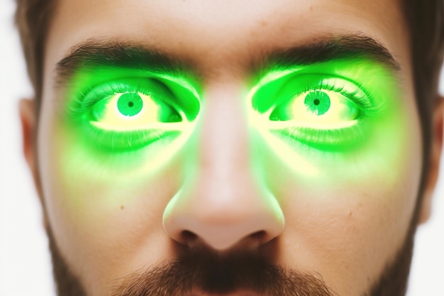 Photo a man with green eyes and a green glow in the dark