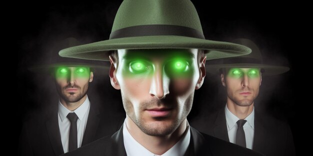 A man with green eyes and a green hat with the word spy on it