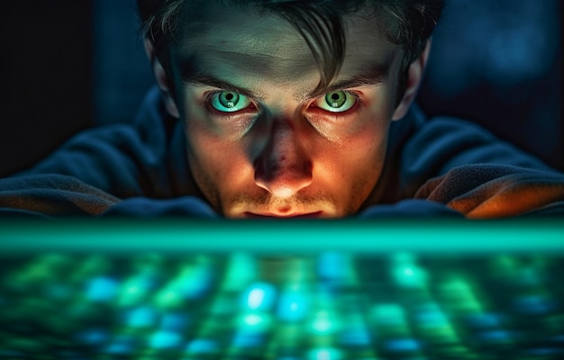 A man with green eyes looks at a keyboard with a blue light in the background.