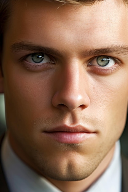 A man with green eyes and a white shirt