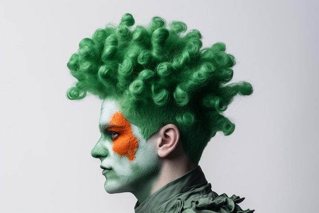 A man with green hair and a green wig with the word joker on it.