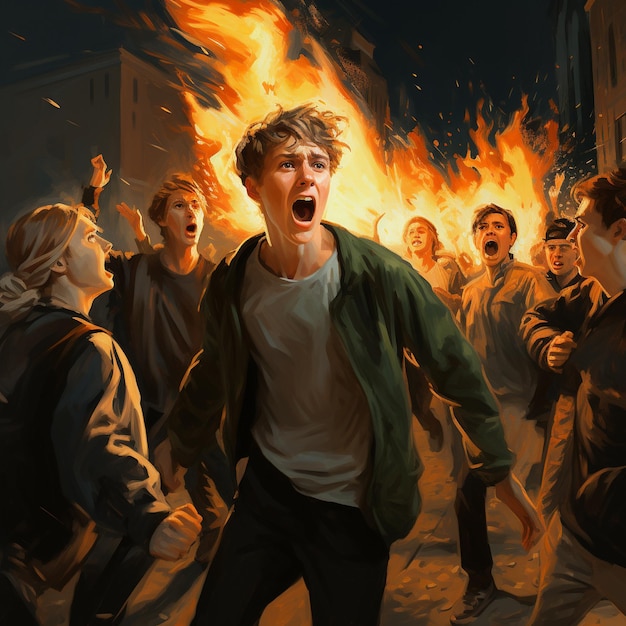 a man with a green jacket on his head is screaming at a fire.