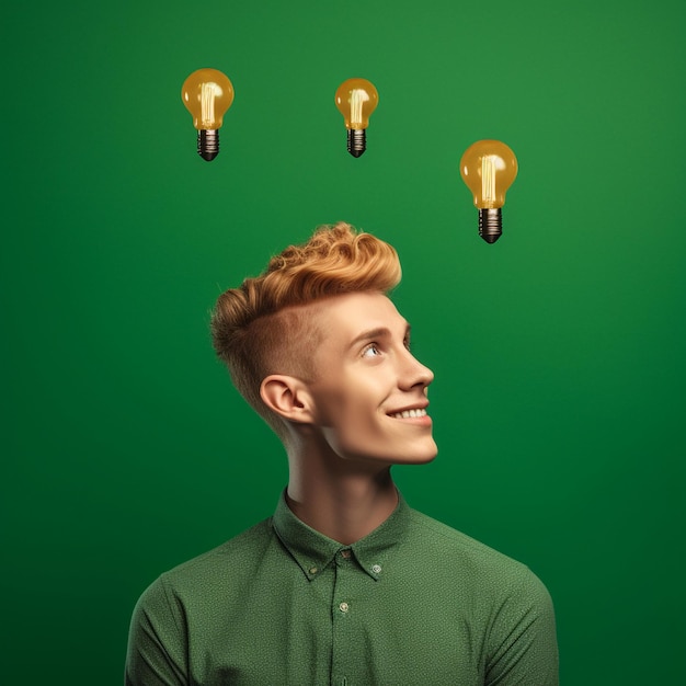 Photo a man with a green shirt and a light bulb above his head.