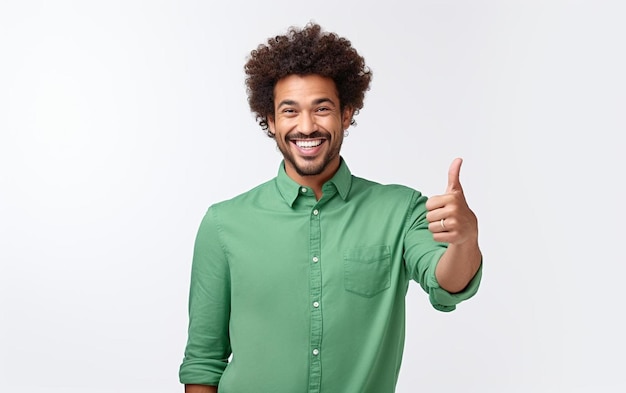 A man with a green shirt that says " thumbs up " on a white background.