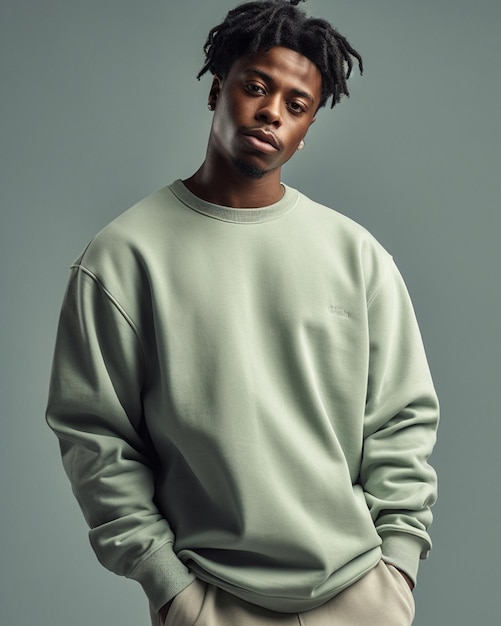 A man with a green sweater and a white shirt with the word black on it.