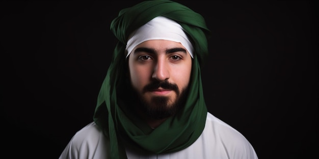 A man with a green turban on his head stands against a black background.