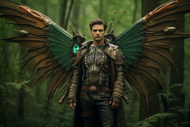 A man with green wings in the forest background cover postcard ai generated fairy faerie