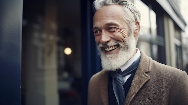 회색 수염을 기른 남자가 카메라를 향해 미소를 짓고 있다.