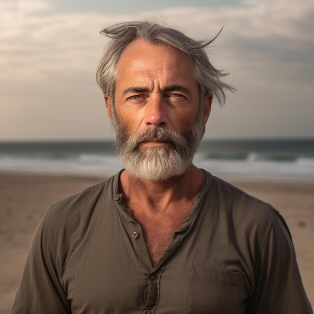 A man with a grey beard stands on a beach.