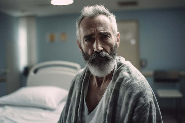 A man with a grey beard stands in a hospital bed.