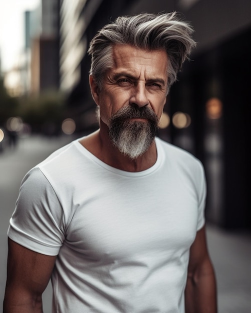 Foto un uomo con la barba grigia e una maglietta bianca