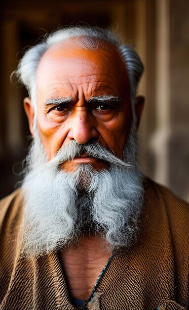 A man with a grey beard and a yellow shirt