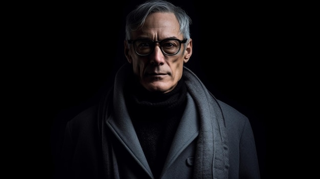 A man with a grey coat and glasses