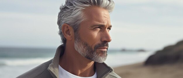 Photo a man with grey hair and a beard on the beach