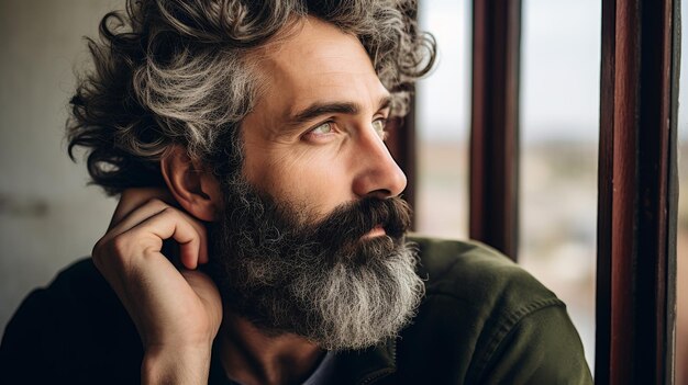 Man With Grey Hair and Beard Looking Out Window