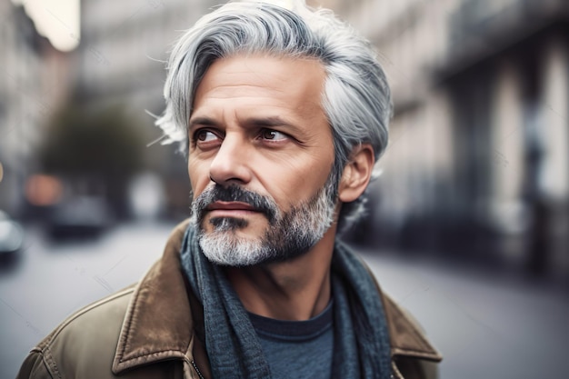 A man with grey hair and a brown jacket stands in the street.