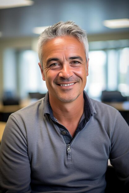 Photo a man with grey hair and a gray shirt that says  the word  on it