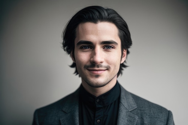 A man with a grey suit and black shirt is smiling at the camera.