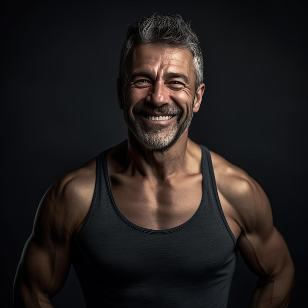 Photo a man with a grey tank top and a gray tank top smiles and smiles.