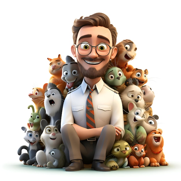 Man with a group of monkeys 3d render white background