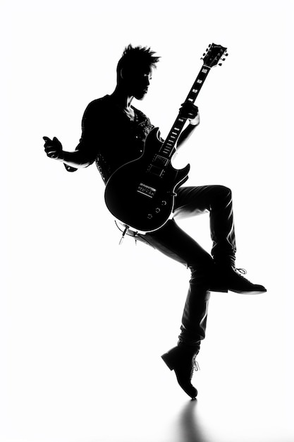 A man with a guitar on his arm is in the air.
