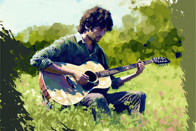 Человек с гитарой Мужчина играет на гитаре в одиночестве на лугу Иллюстрация в стиле цифрового искусства Живопись