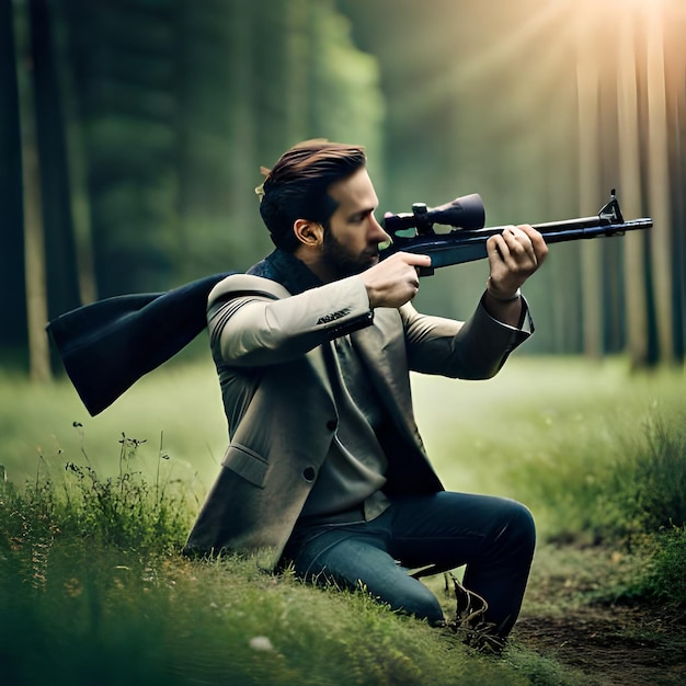 Foto un uomo con una pistola nella foresta