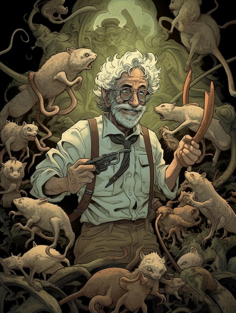 a man with a gun pointing to a group of animals.