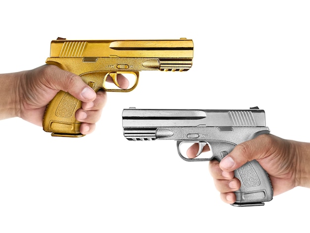 A man with gun silver metal and A man with gun gold metal isolated on white background