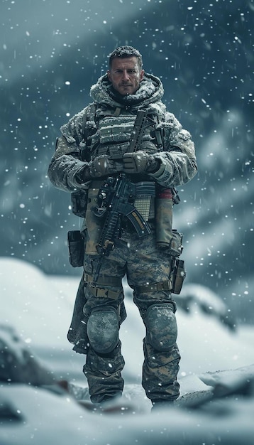 a man with a gun standing in the snow