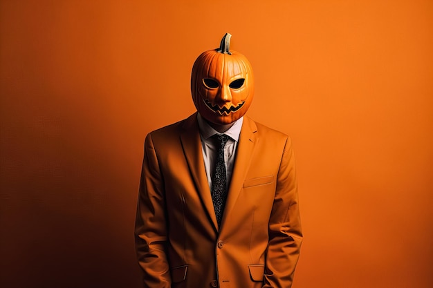 Foto uomo con halloween jack o lanterna testa di zucca indossa abito arancione e cravatta nera su sfondo arancione concetto di celebrazione del giorno dei morti bizzarro carnevale di costumi immagine generata con ai