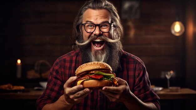 A man with a hamburger in his hands