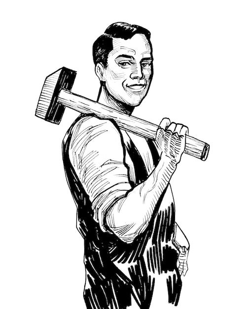 A man with a hammer on his shoulder.