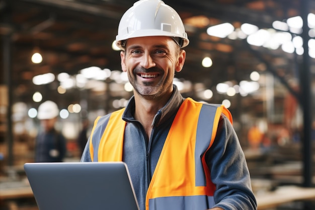 Man with Hard Hat Holding Laptop