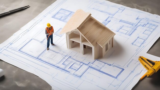 Photo a man with a hard hat is working on a house