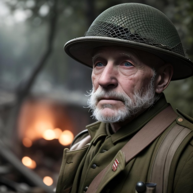 A man with a hat and a badge that says " army " on it.