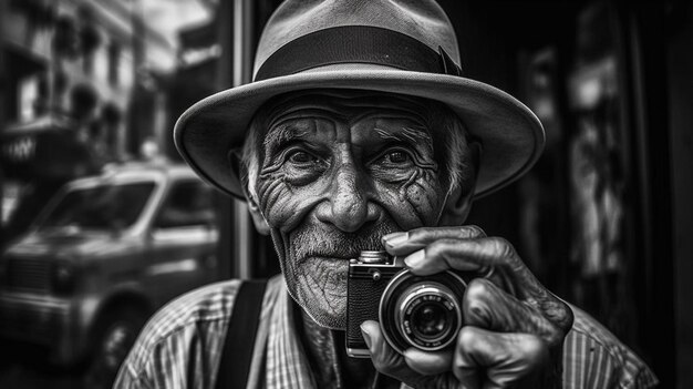 A man with a hat and a camera