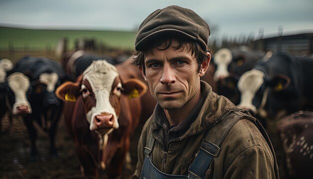 Photo a man with a hat and a cow in the background