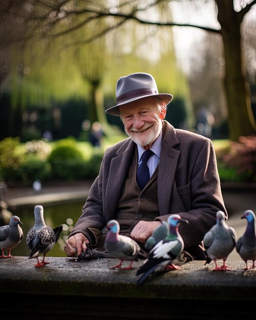 a man with a hat and a group of pigeons on his lap