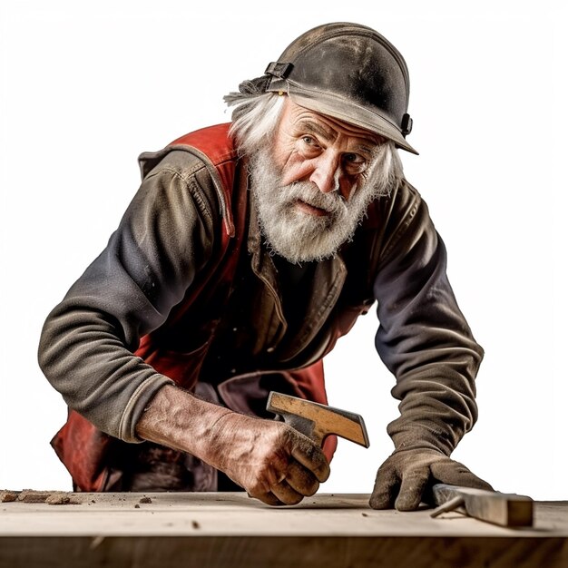 A man with a hat and a hat is working on a piece of wood.