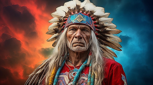 Человек в шляпе и на красном фоне с надписью "индейский".