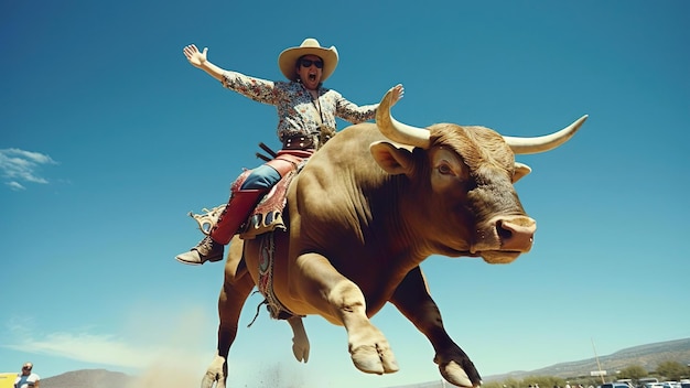 A man with hat riding bull with sky view