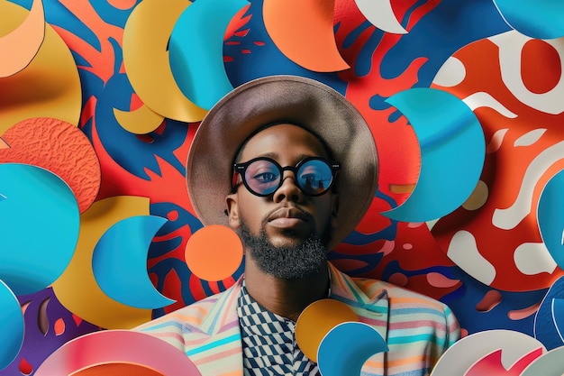 A man with a hat and sunglasses is surrounded by various shapes and colors