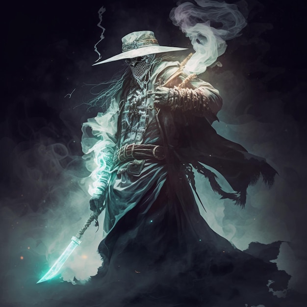 A man with a hat and a sword is standing in the dark.