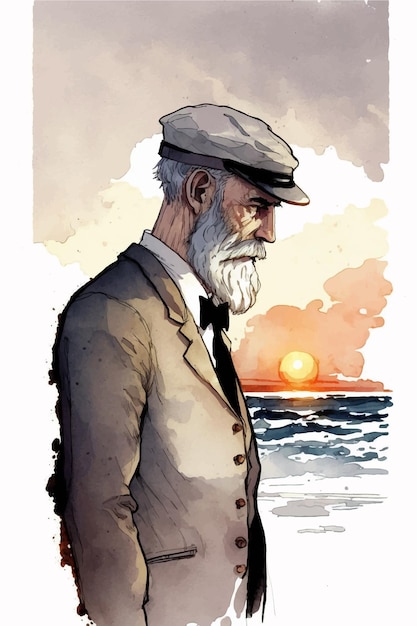 Foto un uomo con un cappello e un cappello bianco si trova di fronte a un tramonto.