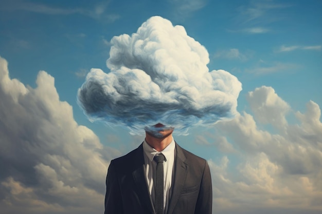 Человек с головой в облаке минималистская концепция Генеративная иллюстрация ИИ