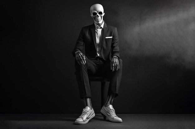 黒い背景イラストに黒いビジネススーツを着た頭蓋骨の形をした頭を持つ男性